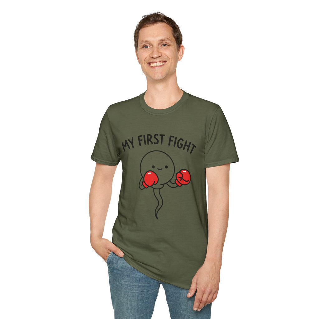 My First Fight T‑Shirt — Cute Boxing Sperm Fertility Humor Gift