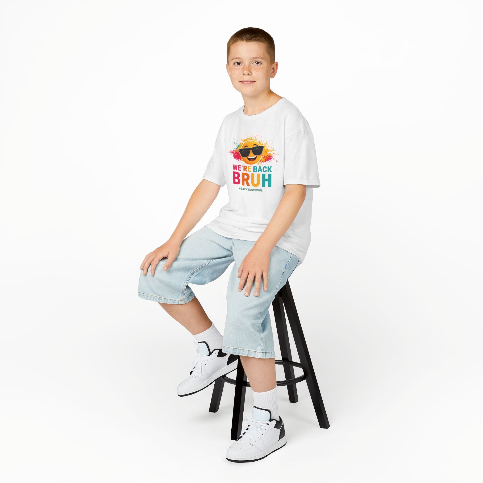 We're Back Bruh Kids Tee — Colorful Sunny Sunglasses Graphic Shirt for Kids