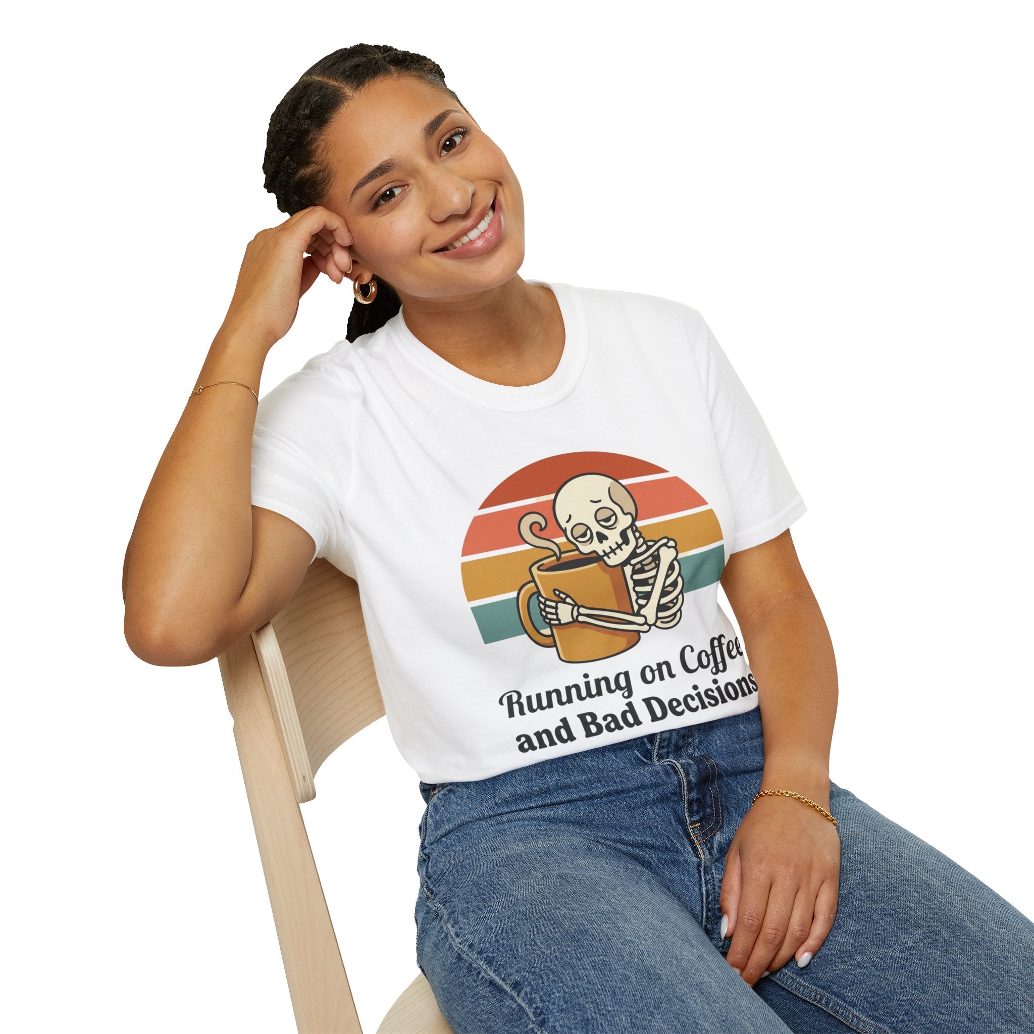 Running on Coffee and Bad Decisions T-Shirt — Retro Skeleton Coffee Tee