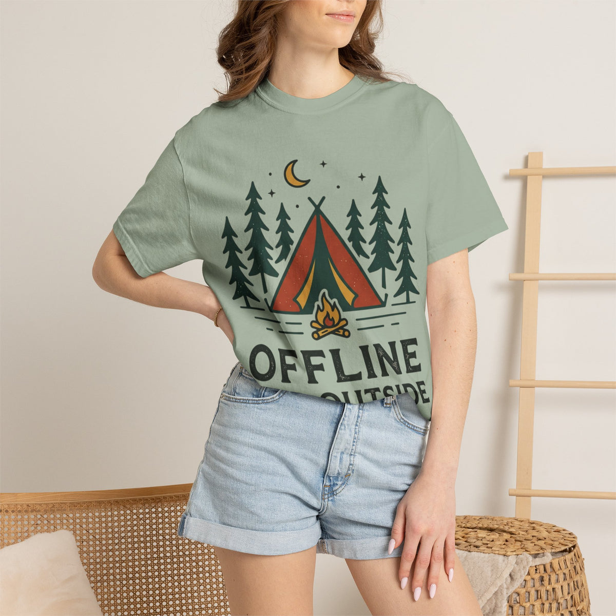 Camping T-Shirt — "Offline and Outside" Tent & Campfire Graphic