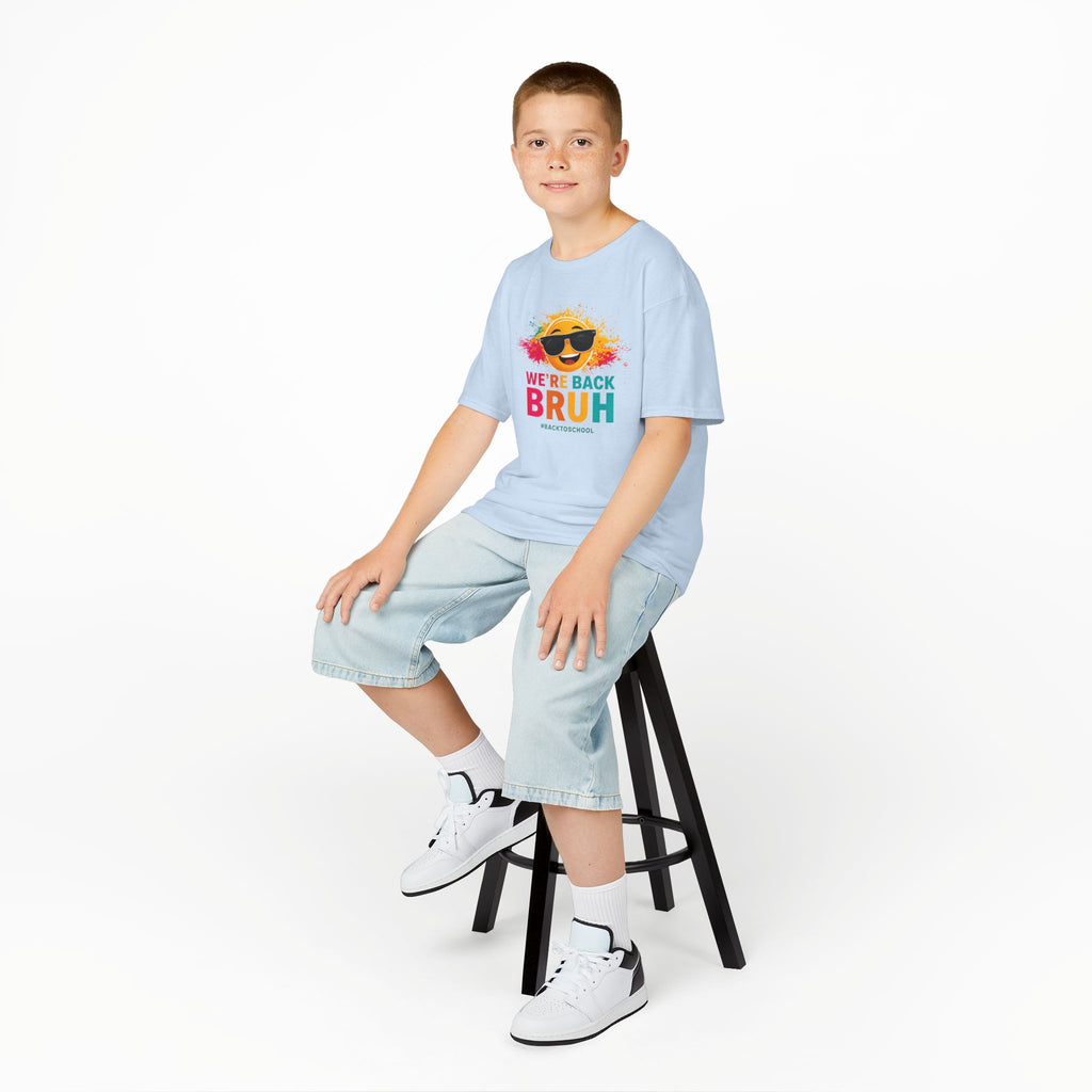 We're Back Bruh Kids Tee — Colorful Sunny Sunglasses Graphic Shirt for Kids