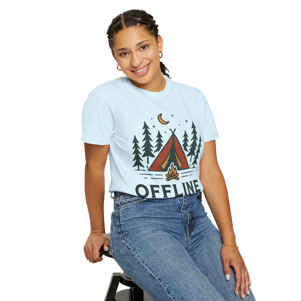 Camping T-Shirt — "Offline and Outside" Tent & Campfire Graphic