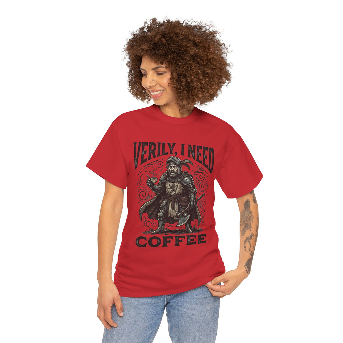 Coffee Viking T‑Shirt — “Verily, I Need Coffee” Medieval Warrior Tee