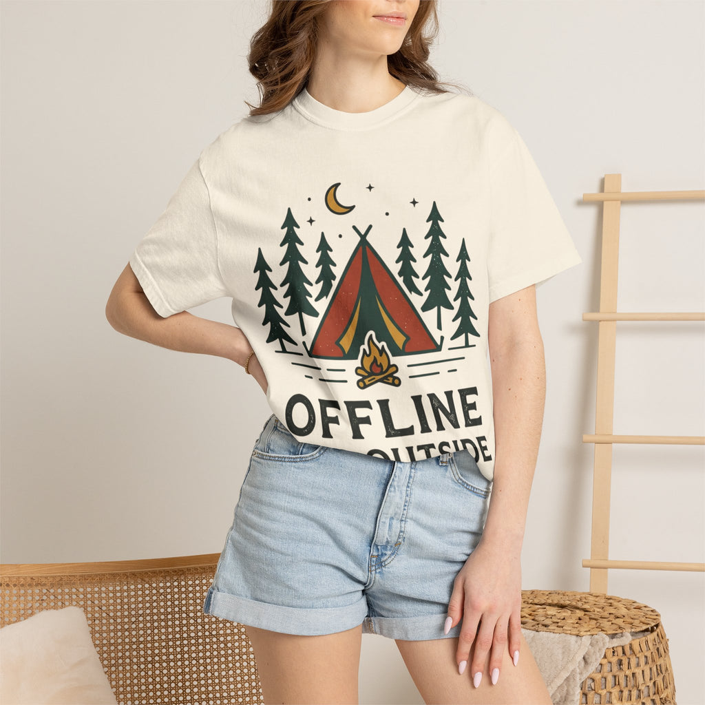 Camping T-Shirt — "Offline and Outside" Tent & Campfire Graphic