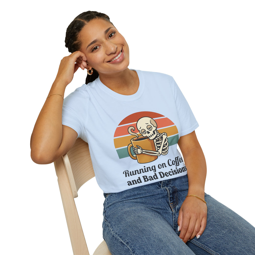 Running on Coffee and Bad Decisions T-Shirt — Retro Skeleton Coffee Tee