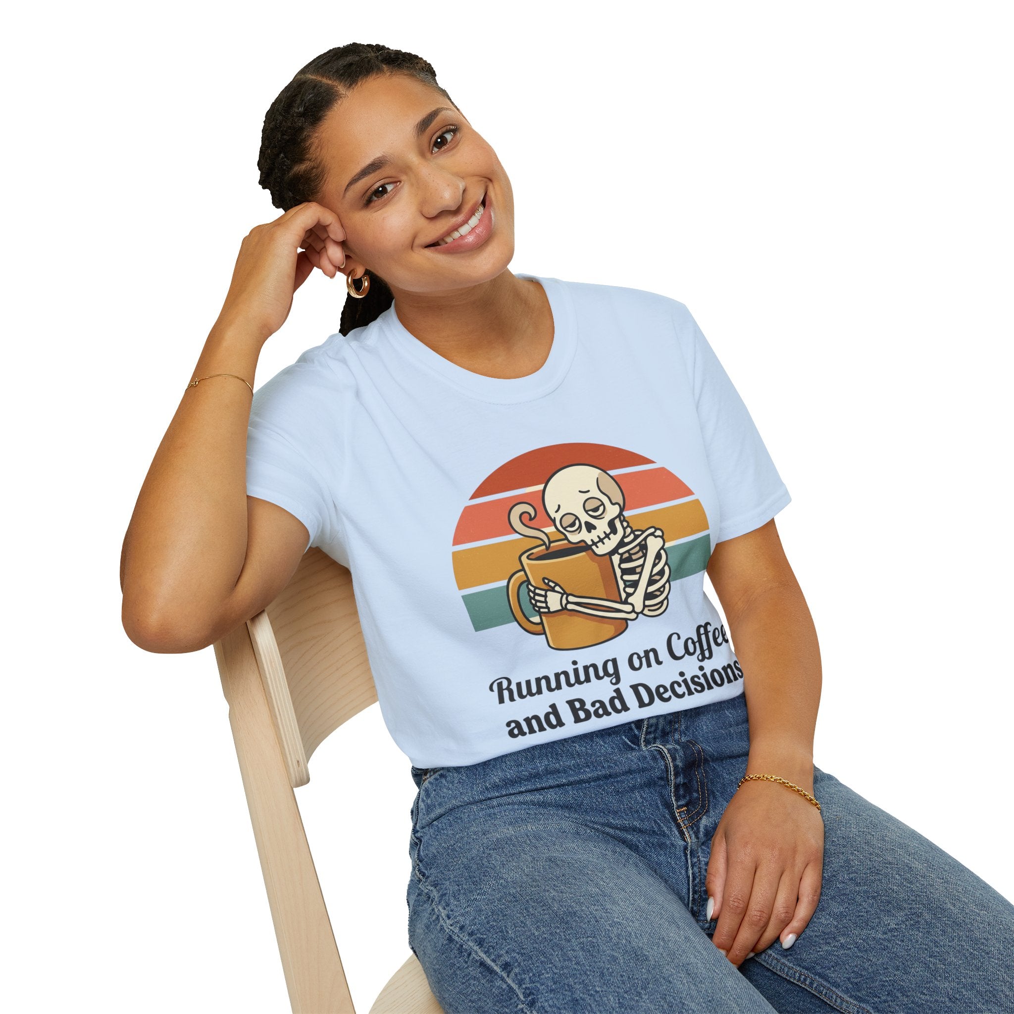 Running on Coffee and Bad Decisions T-Shirt — Retro Skeleton Coffee Tee