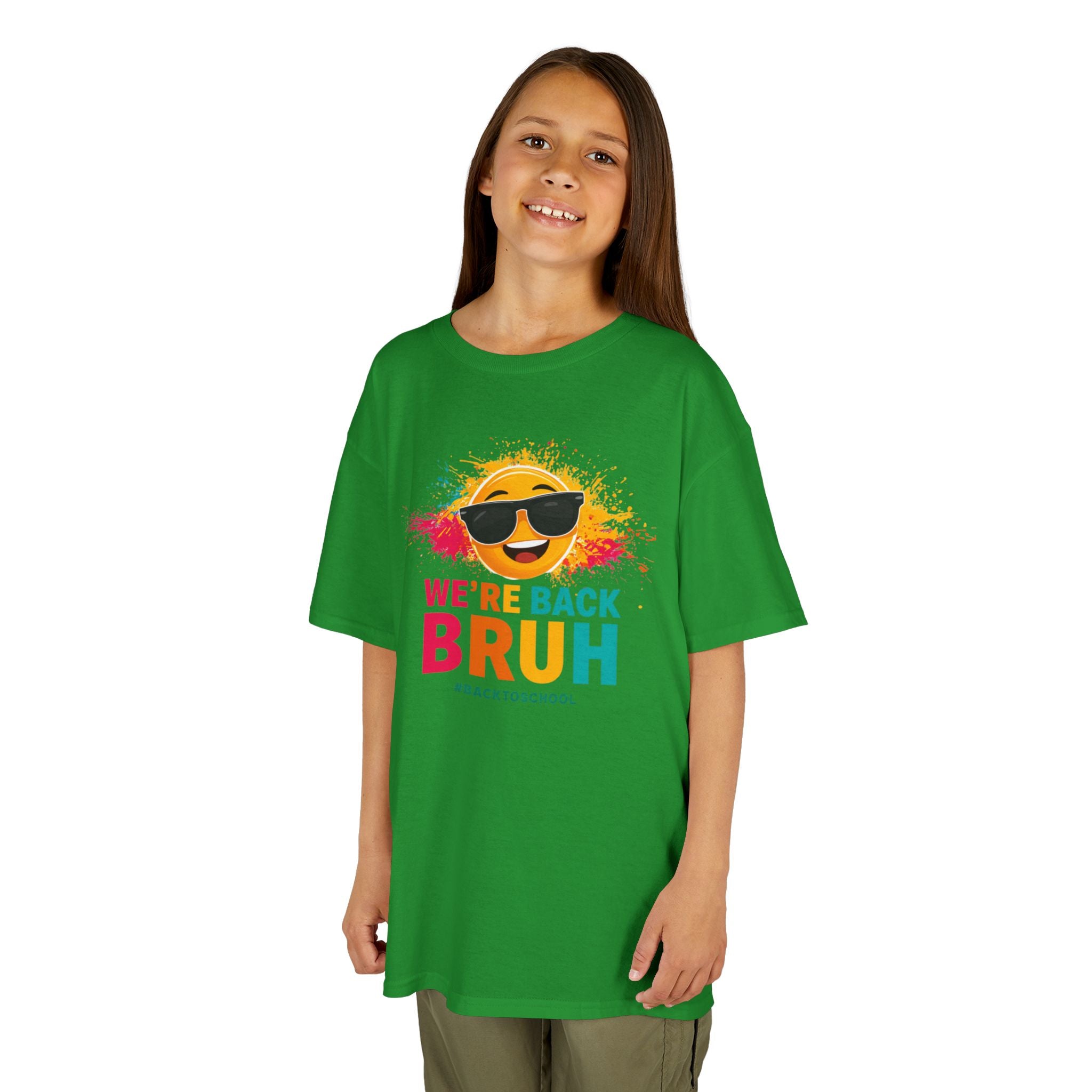 We're Back Bruh Kids Tee — Colorful Sunny Sunglasses Graphic Shirt for Kids