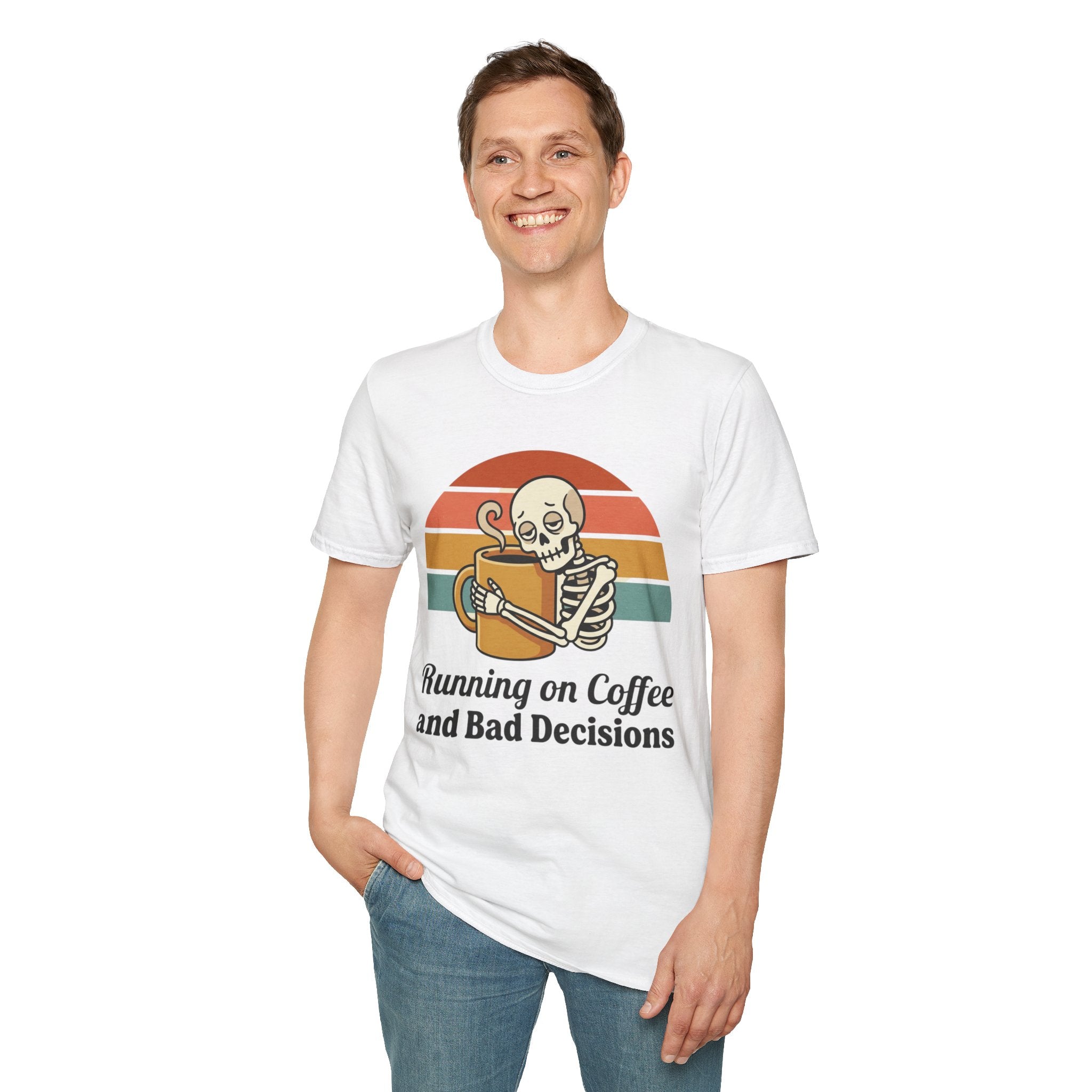 Running on Coffee and Bad Decisions T-Shirt — Retro Skeleton Coffee Tee