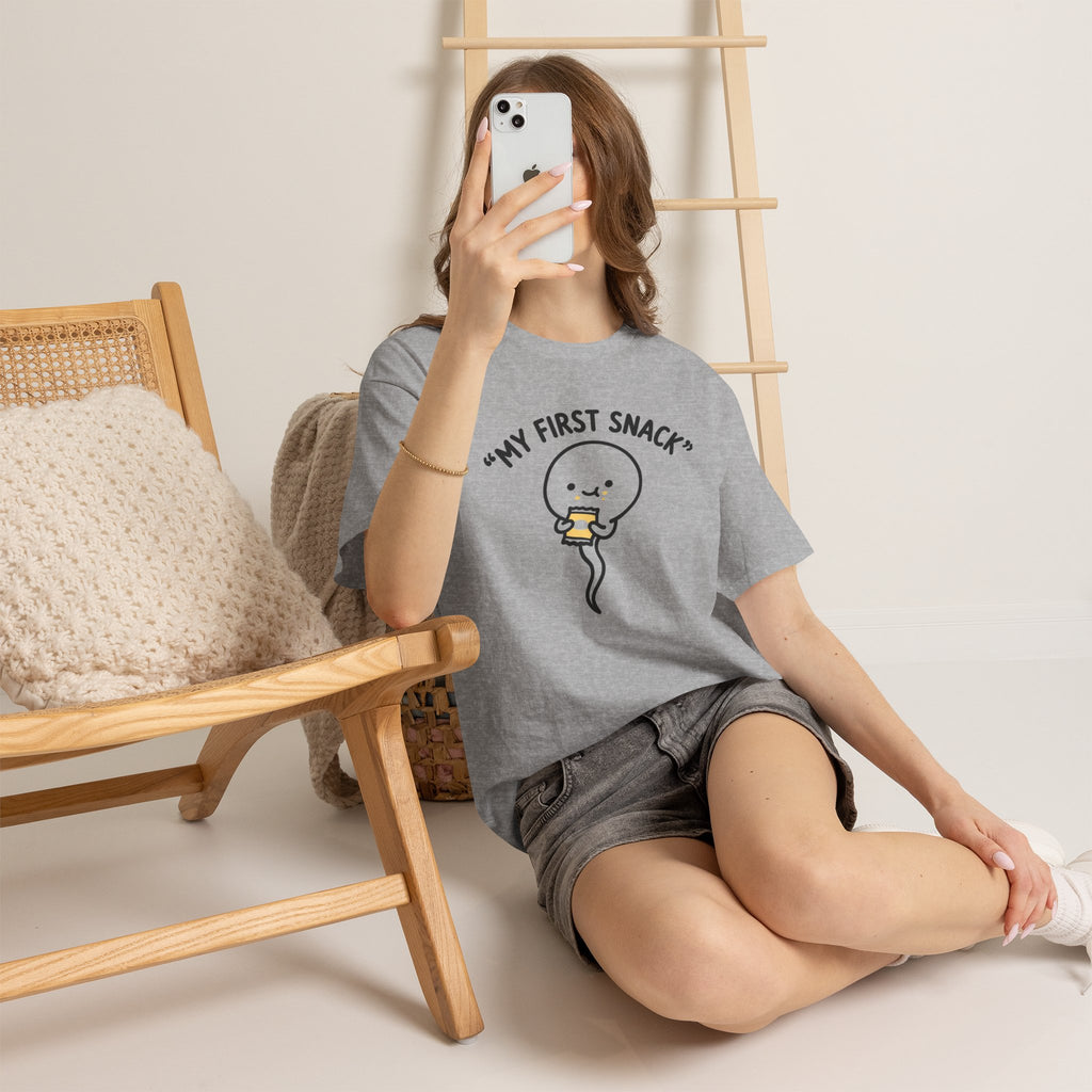 My First Snack Cute Sperm Graphic Tee — Funny Pregnancy Announcement Shirt