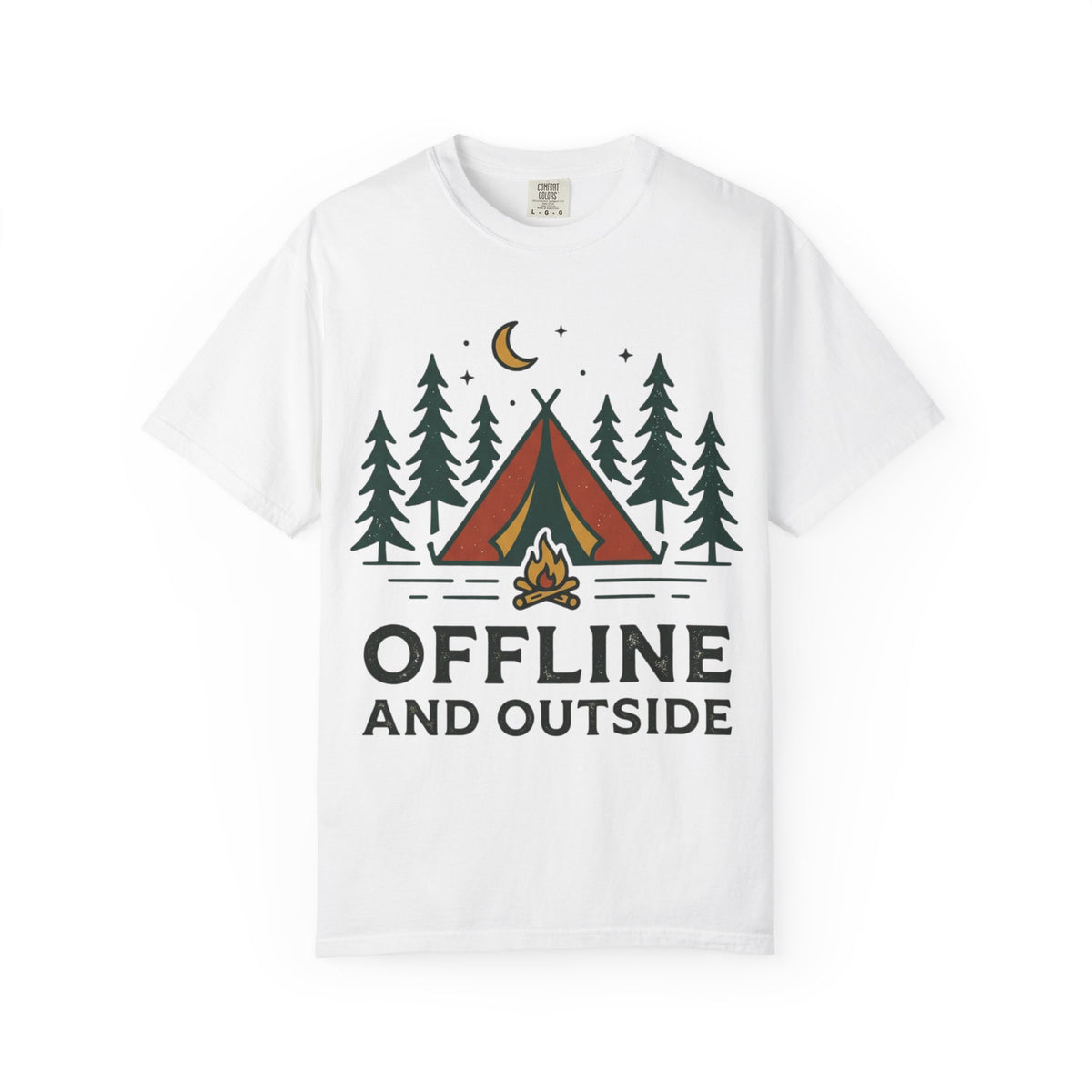 Camping T-Shirt — "Offline and Outside" Tent & Campfire Graphic