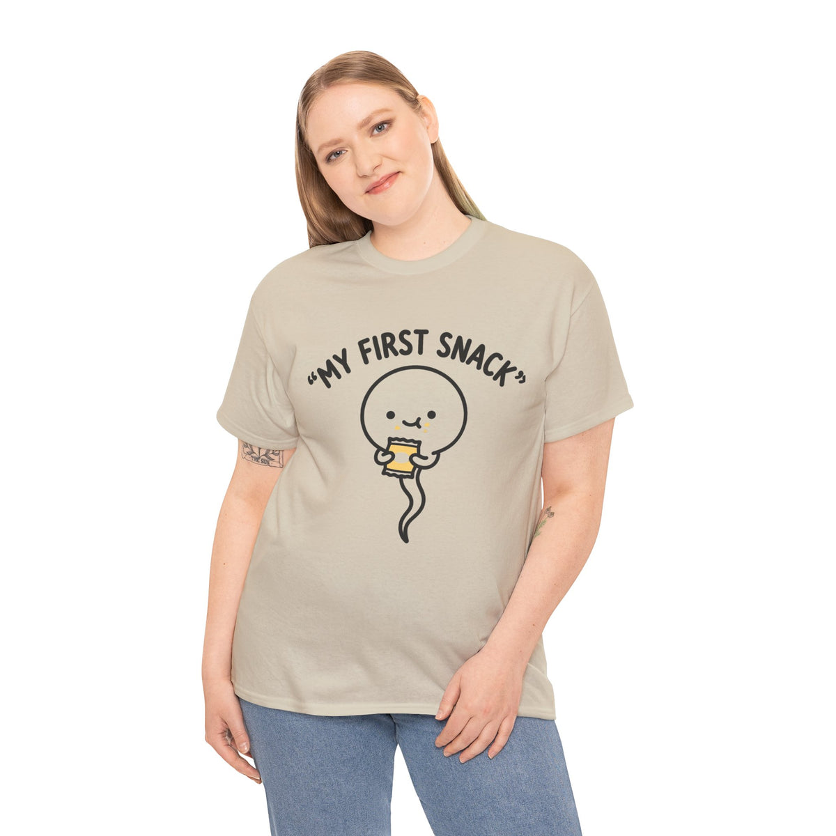My First Snack Cute Sperm Graphic Tee — Funny Pregnancy Announcement Shirt