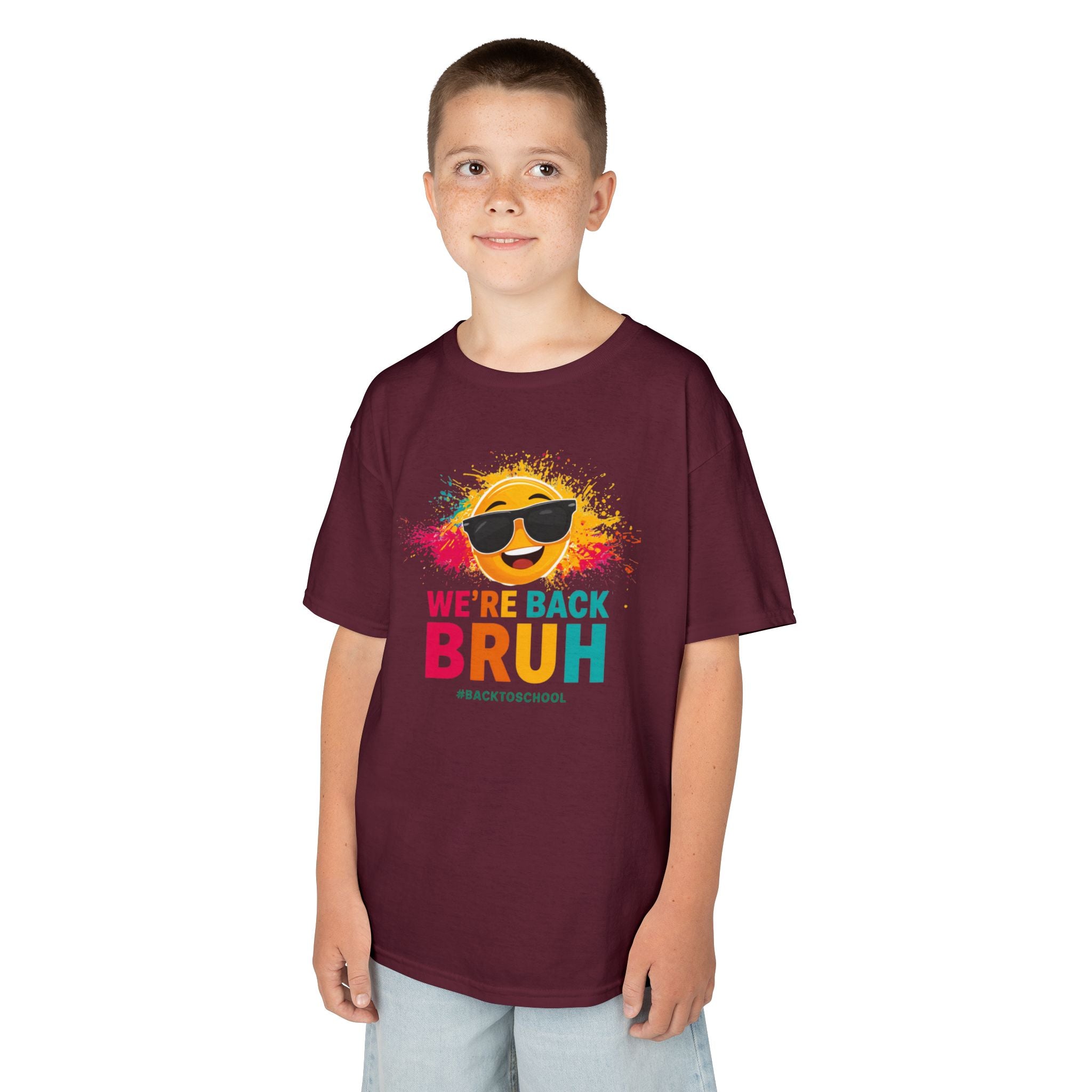 We're Back Bruh Kids Tee — Colorful Sunny Sunglasses Graphic Shirt for Kids