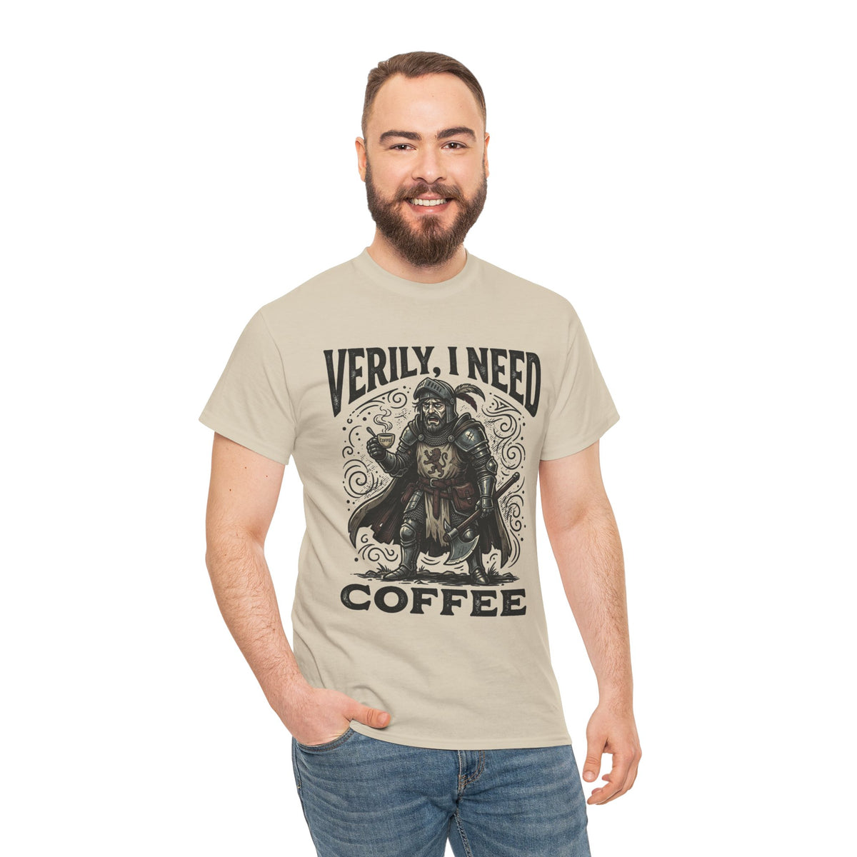 Coffee Viking T‑Shirt — “Verily, I Need Coffee” Medieval Warrior Tee
