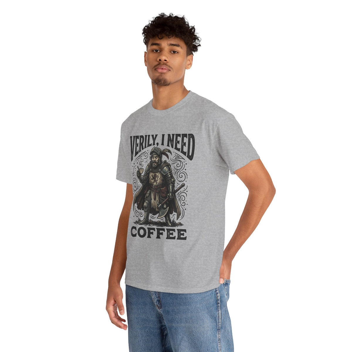 Coffee Viking T‑Shirt — “Verily, I Need Coffee” Medieval Warrior Tee
