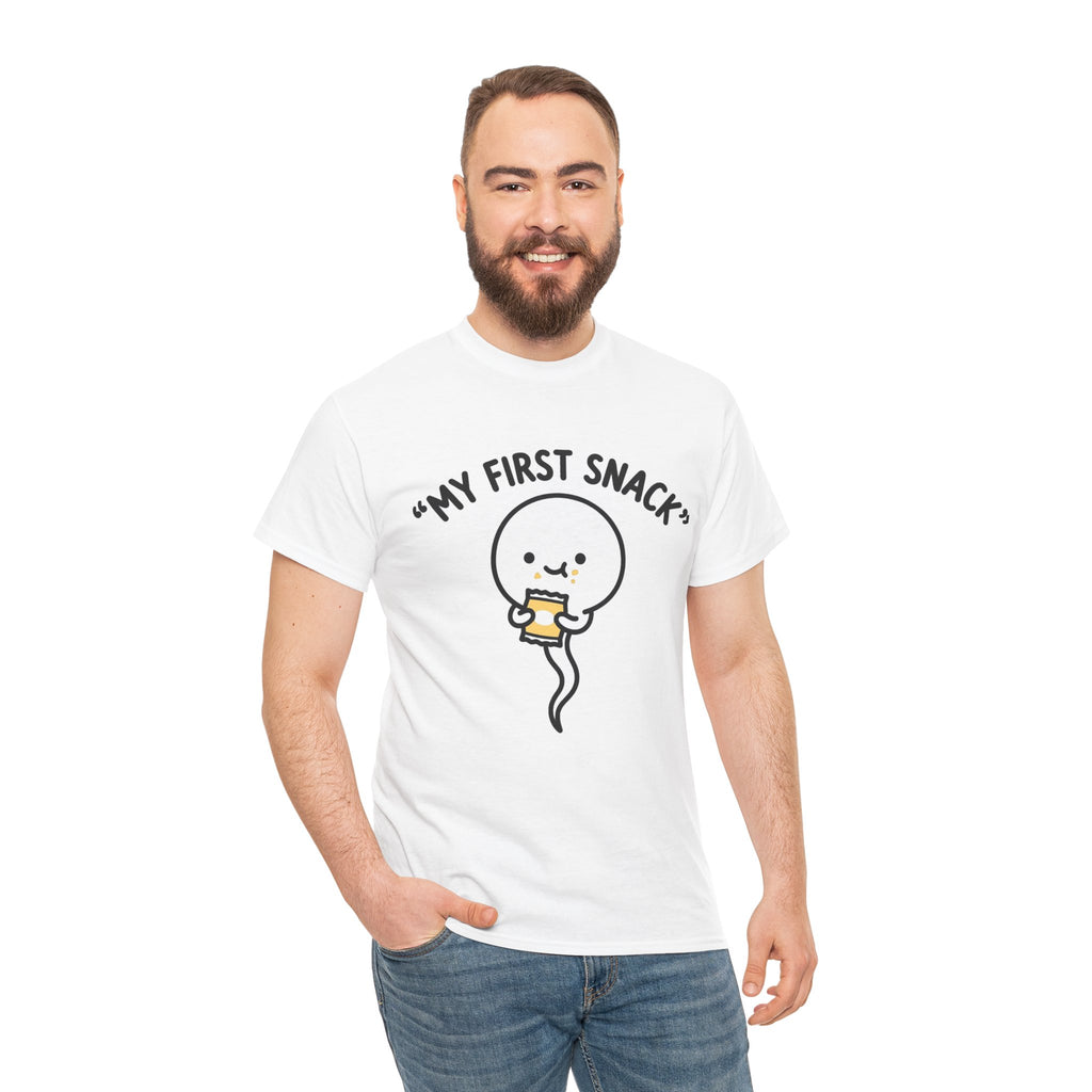 My First Snack Cute Sperm Graphic Tee — Funny Pregnancy Announcement Shirt