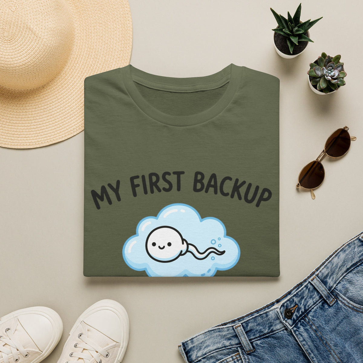 T-Shirt — "My First Backup" Cute Sperm Cloud Graphic Tee | Fertility & IVF Announcement Gift