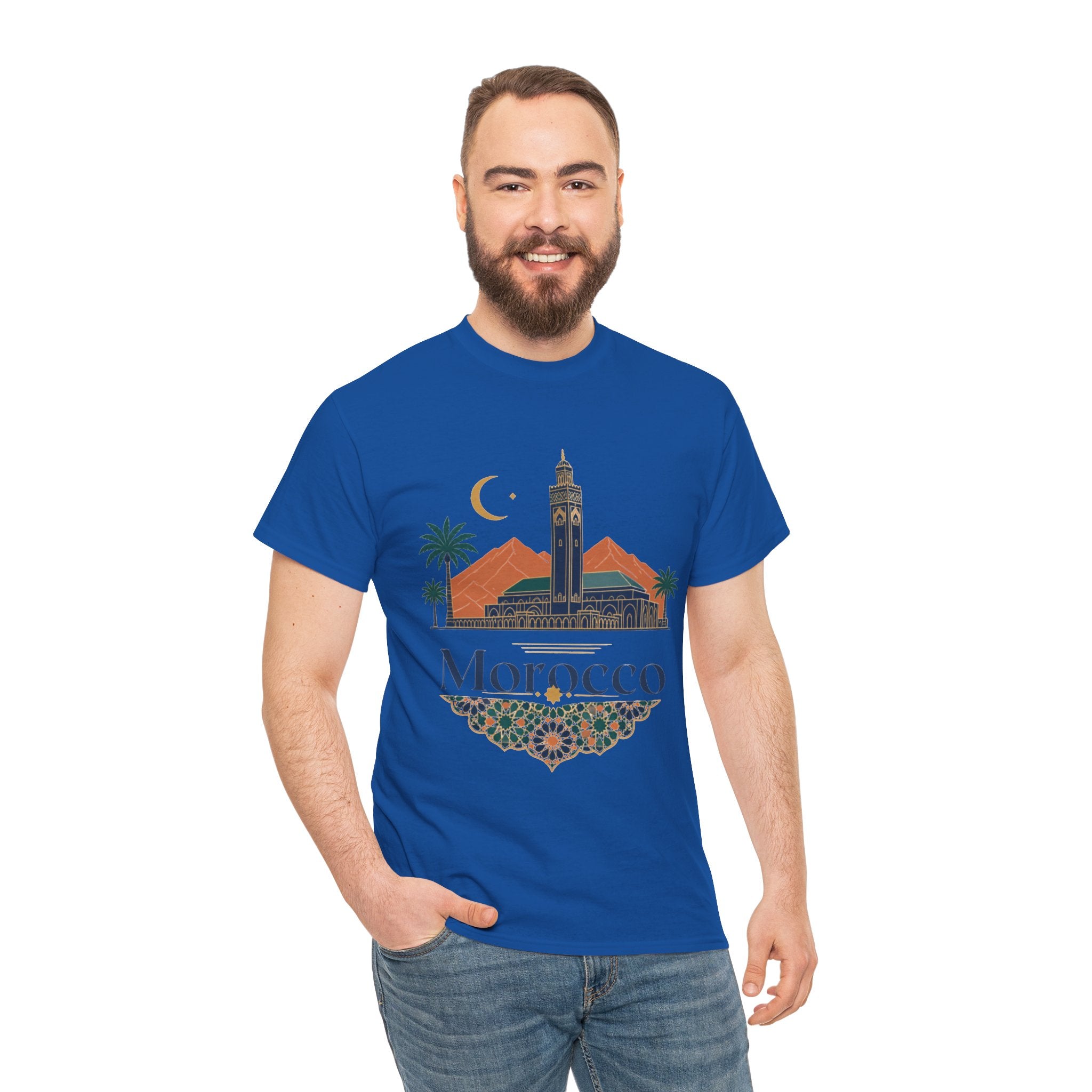 Morocco Travel T-Shirt — Atlas Mountains & Koutoubia Mosque Graphic Tee