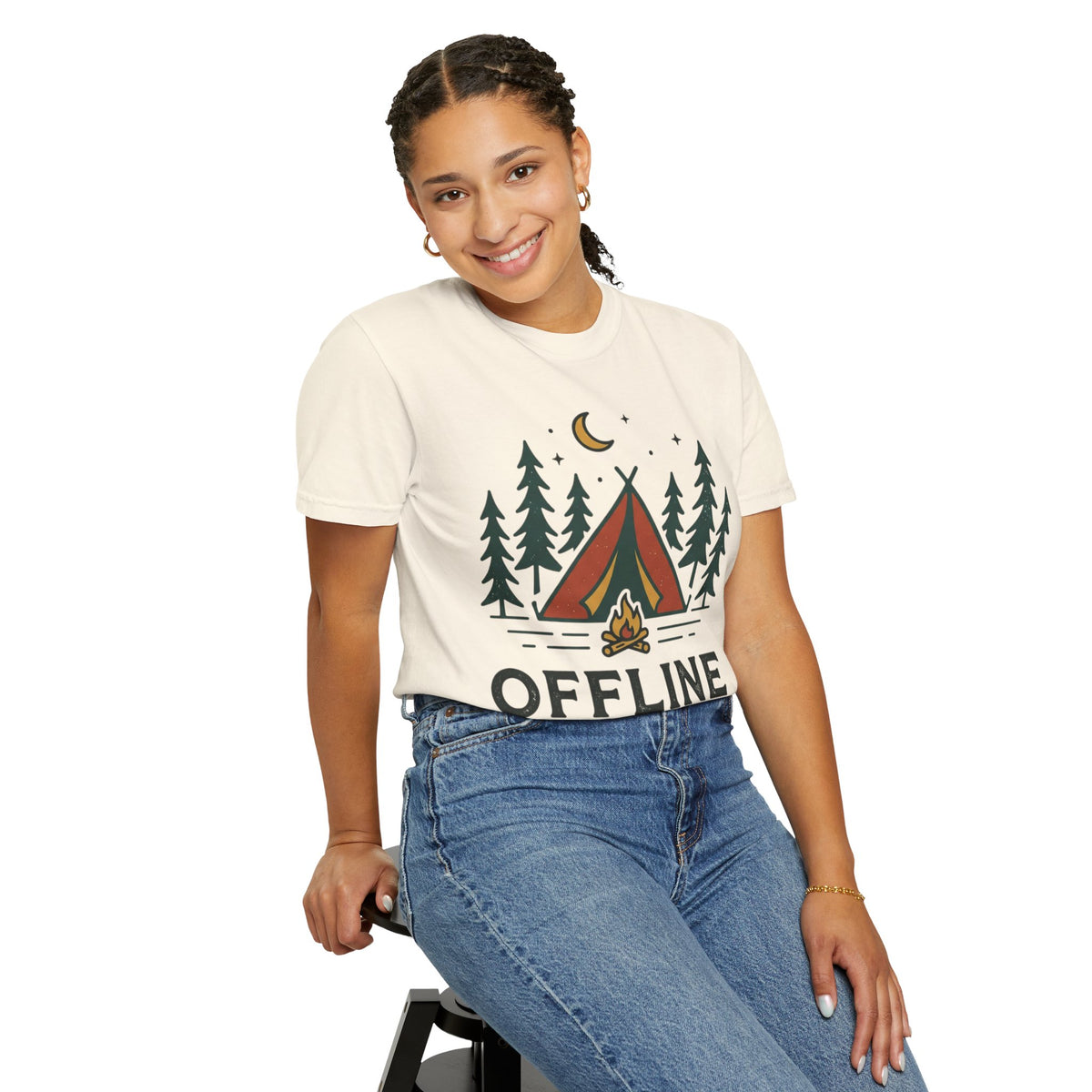 Camping T-Shirt — "Offline and Outside" Tent & Campfire Graphic