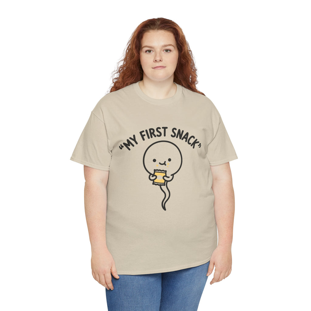 My First Snack Cute Sperm Graphic Tee — Funny Pregnancy Announcement Shirt
