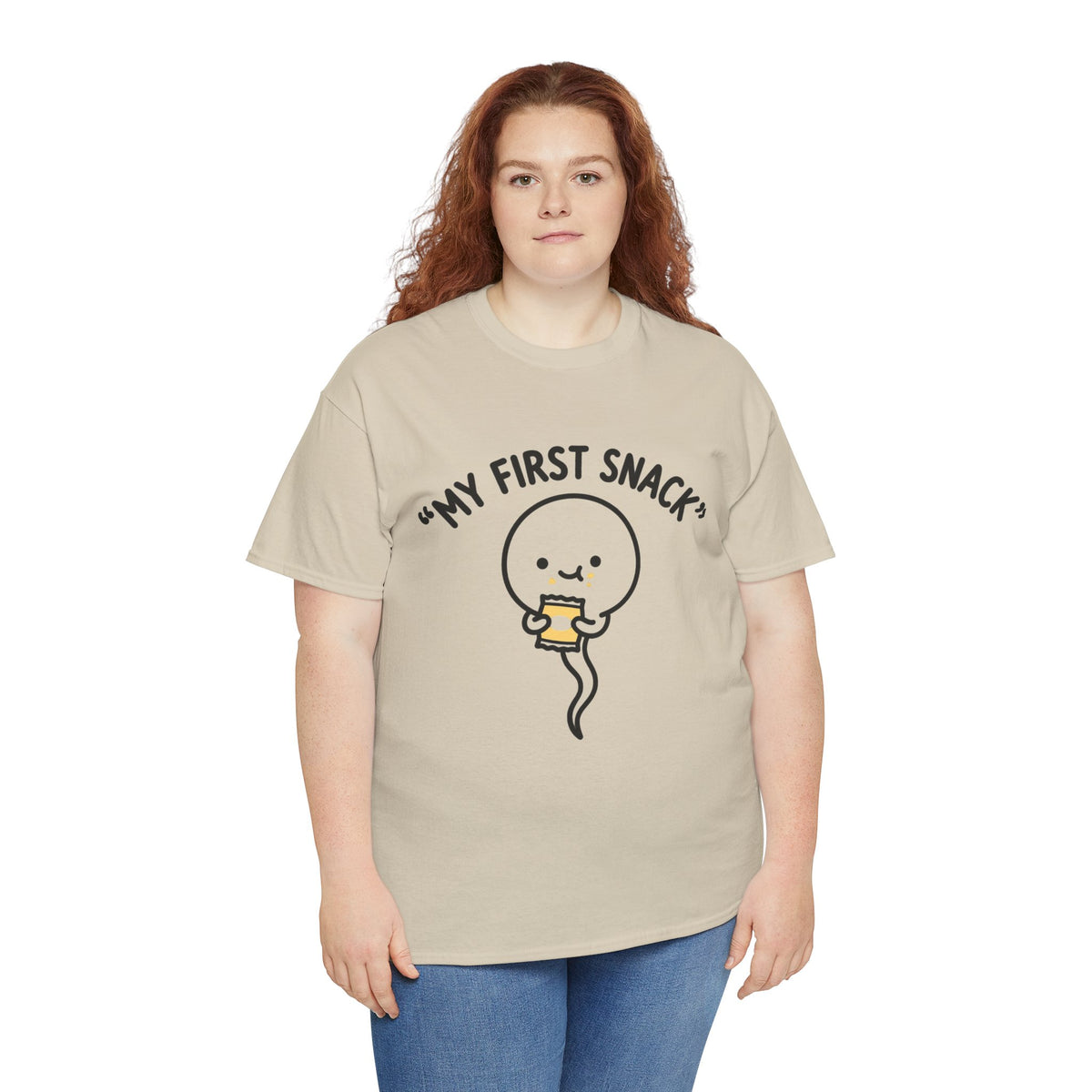 My First Snack Cute Sperm Graphic Tee — Funny Pregnancy Announcement Shirt