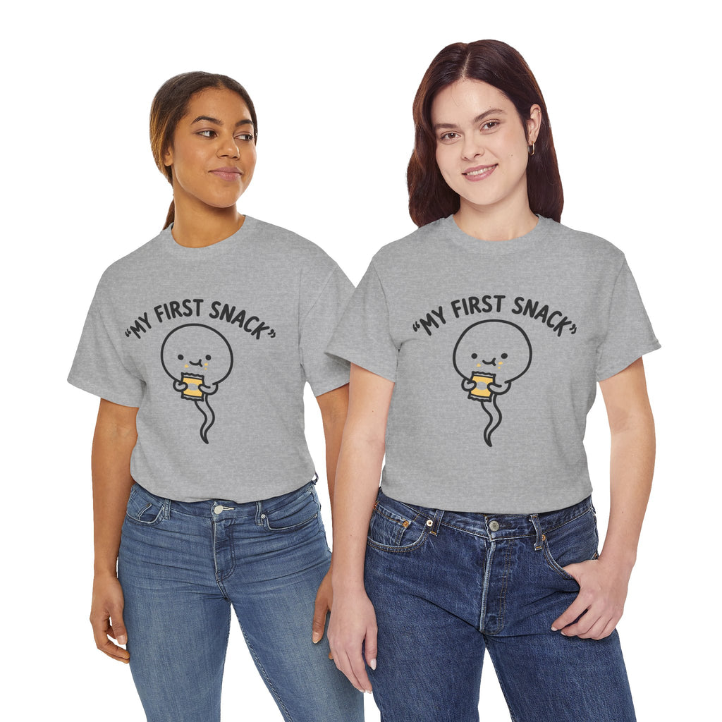 My First Snack Cute Sperm Graphic Tee — Funny Pregnancy Announcement Shirt