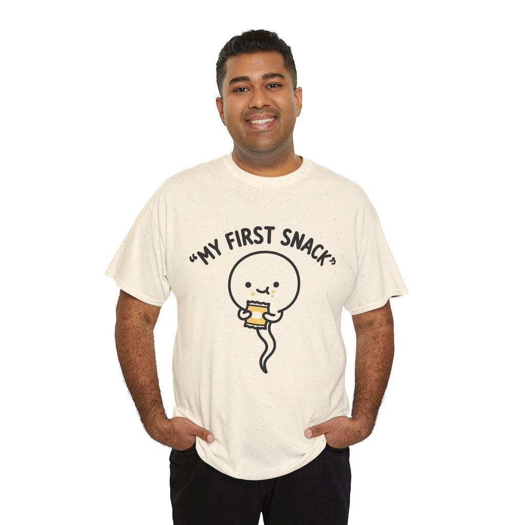 My First Snack Cute Sperm Graphic Tee — Funny Pregnancy Announcement Shirt