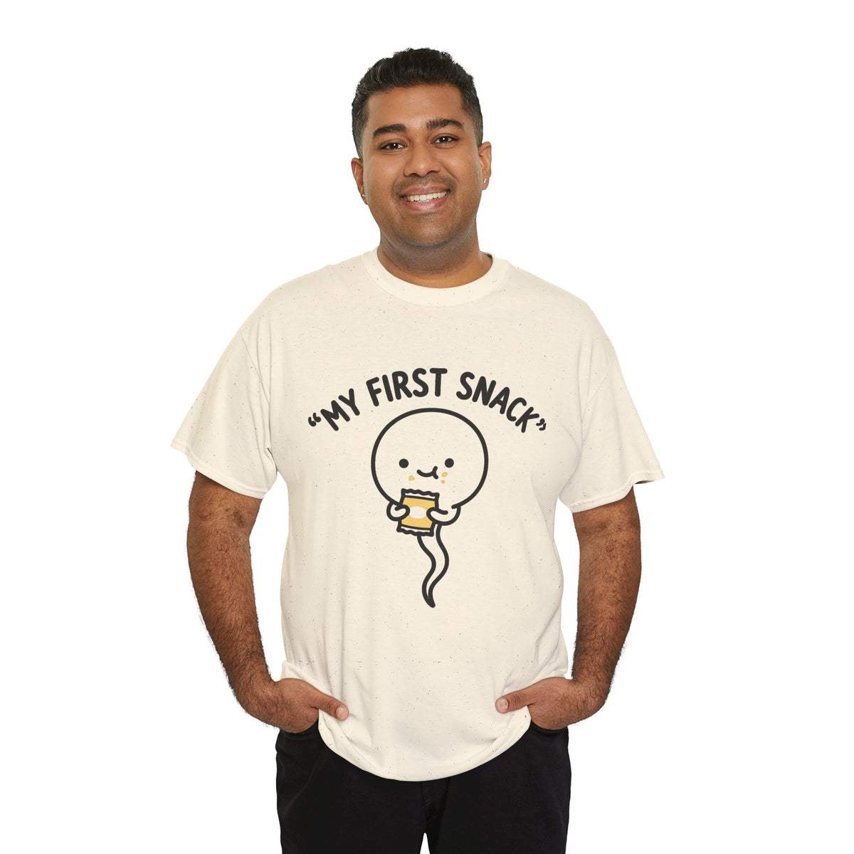My First Snack Cute Sperm Graphic Tee — Funny Pregnancy Announcement Shirt