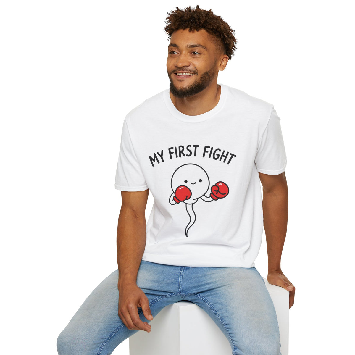 My First Fight T‑Shirt — Cute Boxing Sperm Fertility Humor Gift