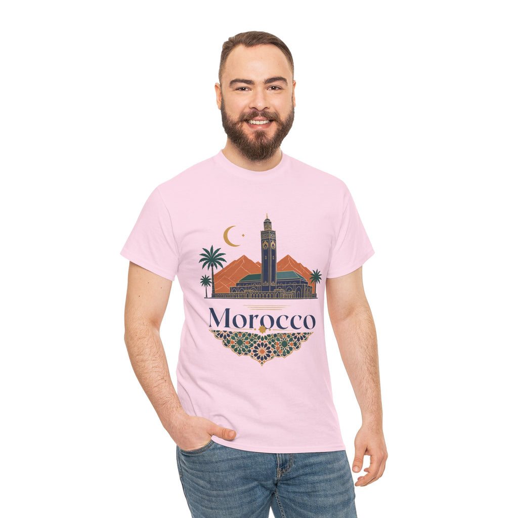 Morocco Travel T-Shirt — Atlas Mountains & Koutoubia Mosque Graphic Tee