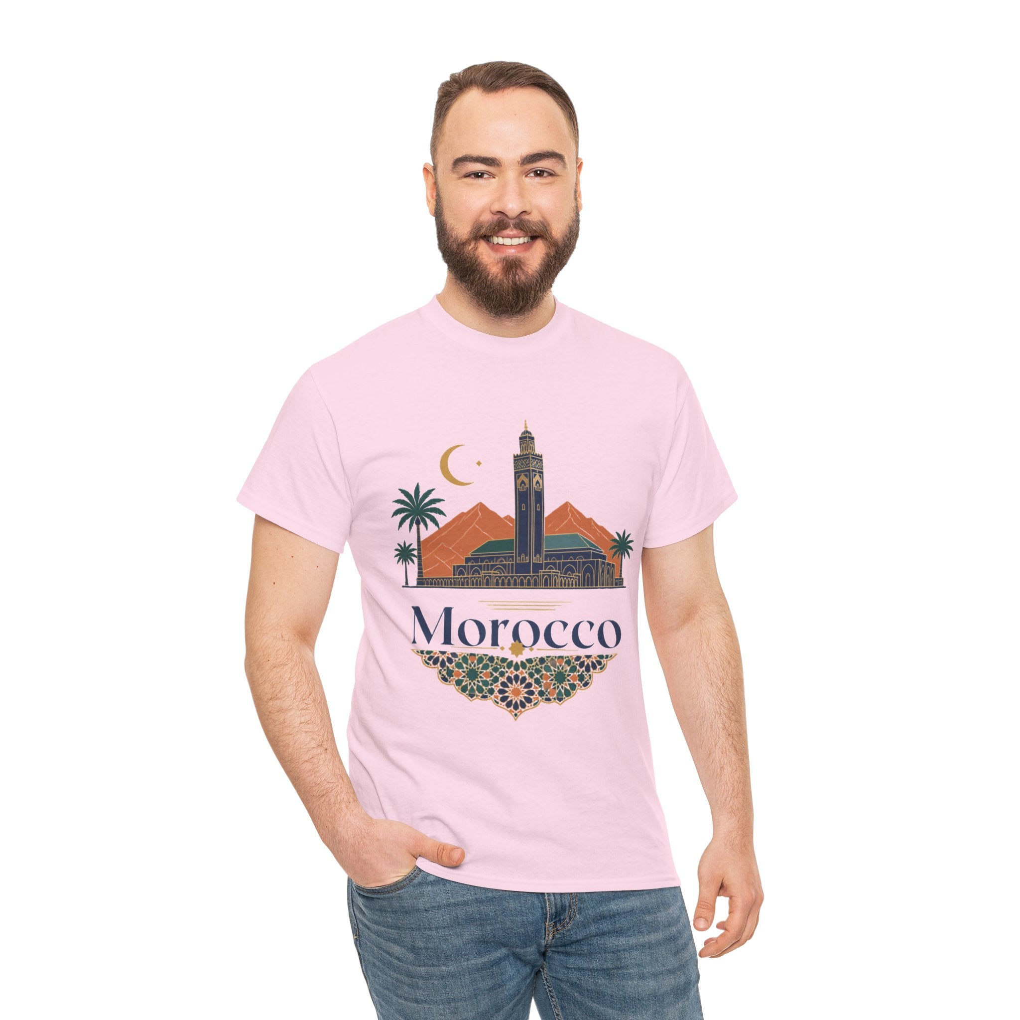 Morocco Travel T-Shirt — Atlas Mountains & Koutoubia Mosque Graphic Tee