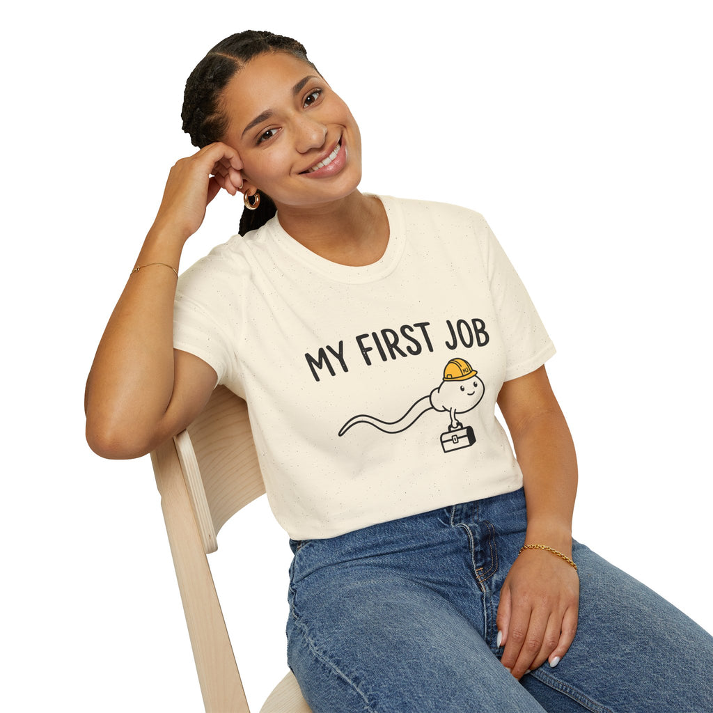 My First Job T-Shirt — Cute Sperm Cell Cartoon Construction Helmet Tee