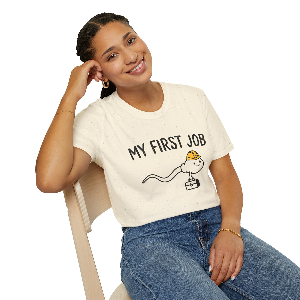 My First Job T-Shirt — Cute Sperm Cell Cartoon Construction Helmet Tee