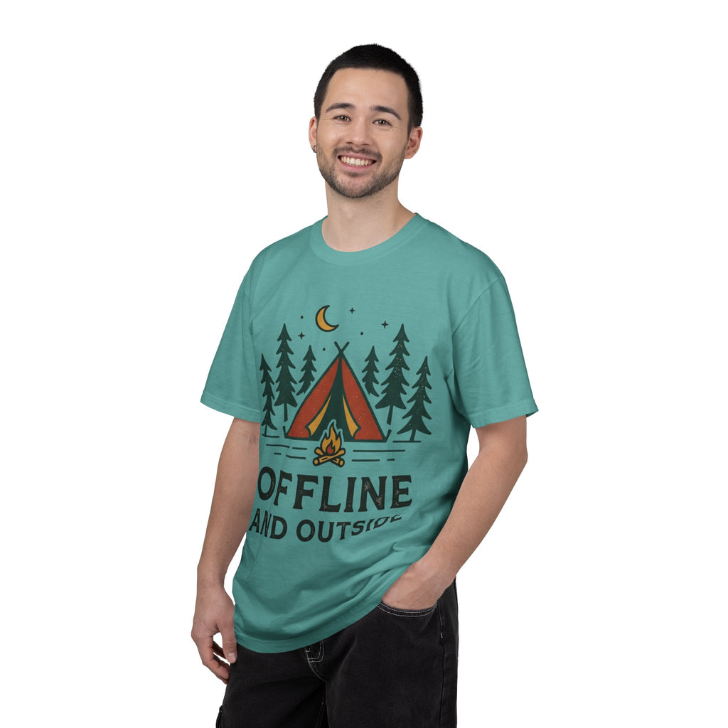 Camping T-Shirt — "Offline and Outside" Tent & Campfire Graphic