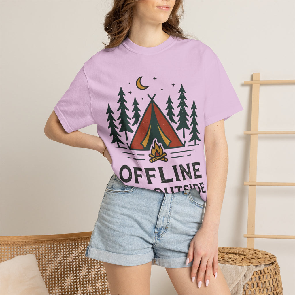 Camping T-Shirt — "Offline and Outside" Tent & Campfire Graphic