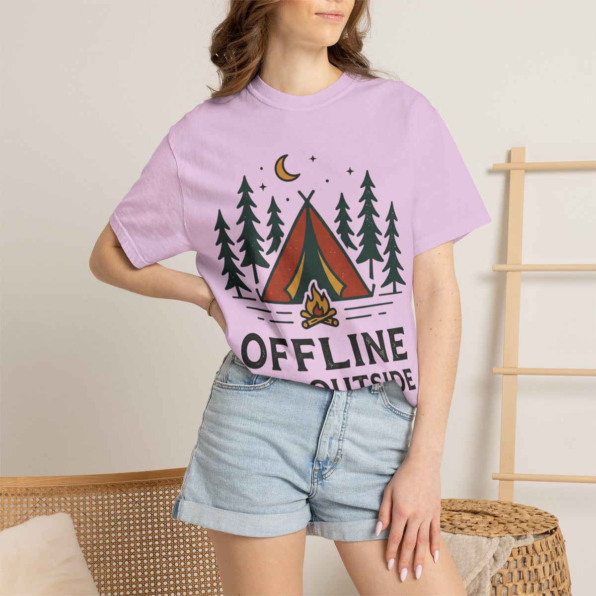 Camping T-Shirt — "Offline and Outside" Tent & Campfire Graphic