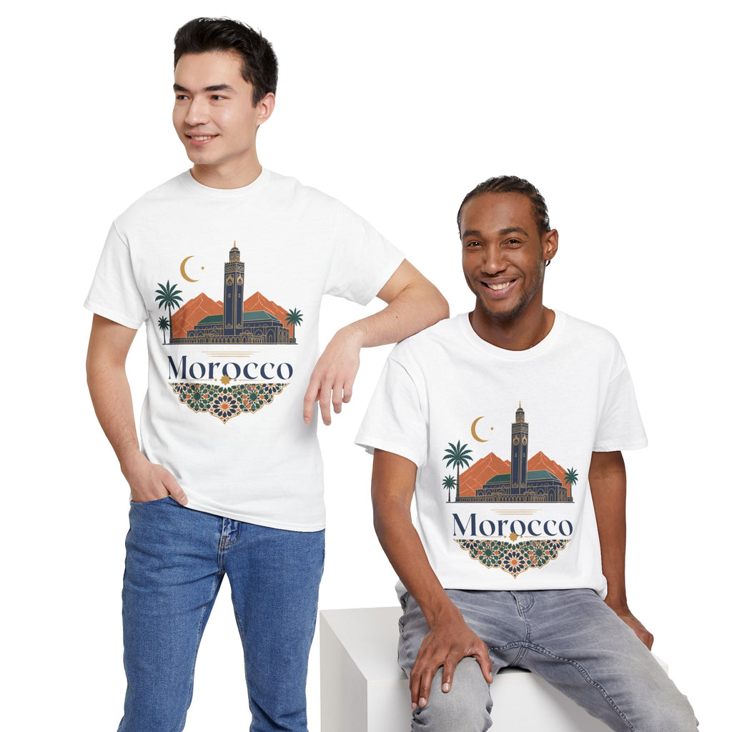 Morocco Travel T-Shirt — Atlas Mountains & Koutoubia Mosque Graphic Tee