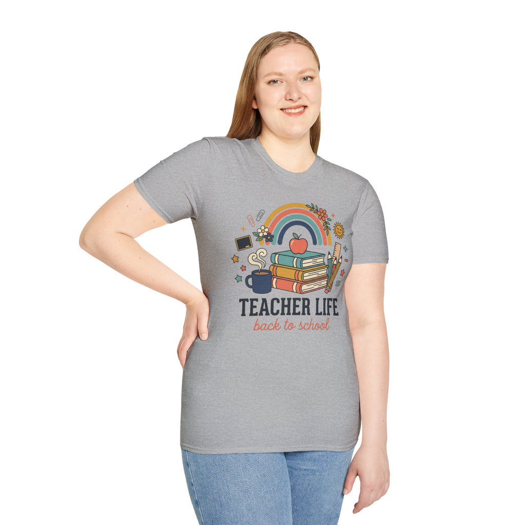 Teacher Life Back to School T-Shirt — Rainbow Books & Apple Graphic