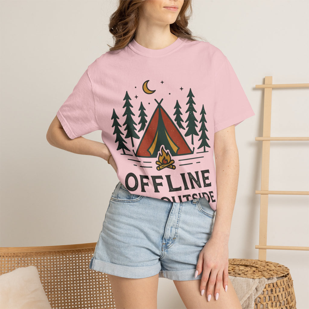 Camping T-Shirt — "Offline and Outside" Tent & Campfire Graphic