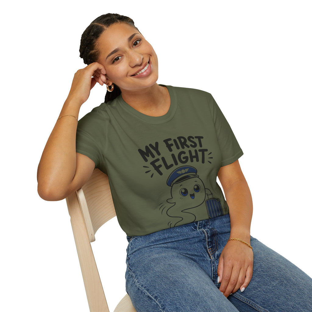 My First Flight T-Shirt — Cute Baby/Infant Travel Tee (Pilot Hat Ghost Design)