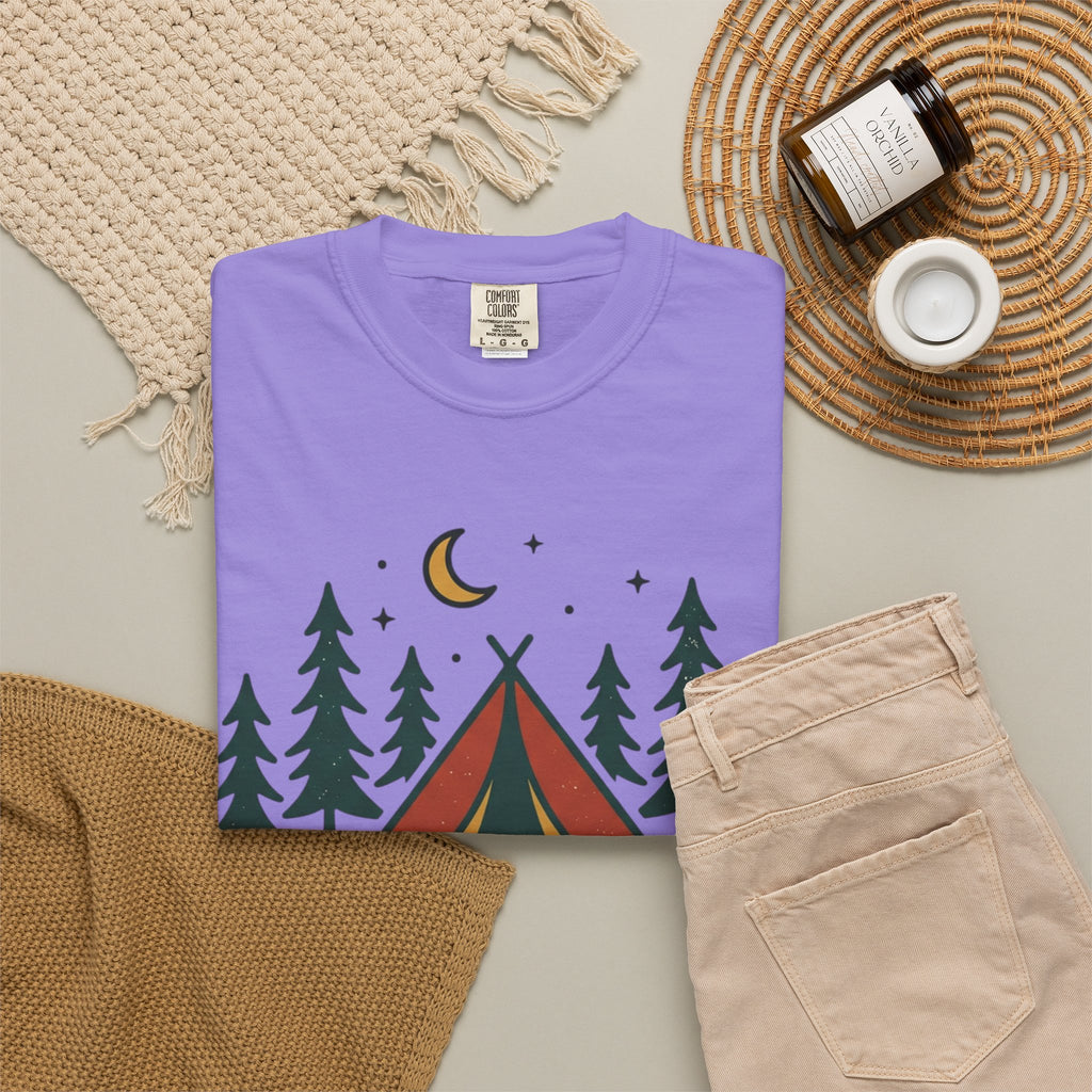 Camping T-Shirt — "Offline and Outside" Tent & Campfire Graphic