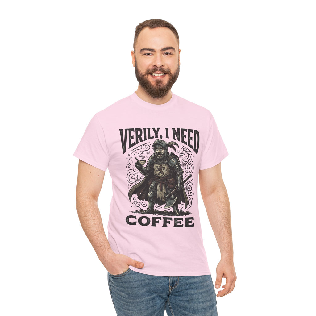 Coffee Viking T‑Shirt — “Verily, I Need Coffee” Medieval Warrior Tee
