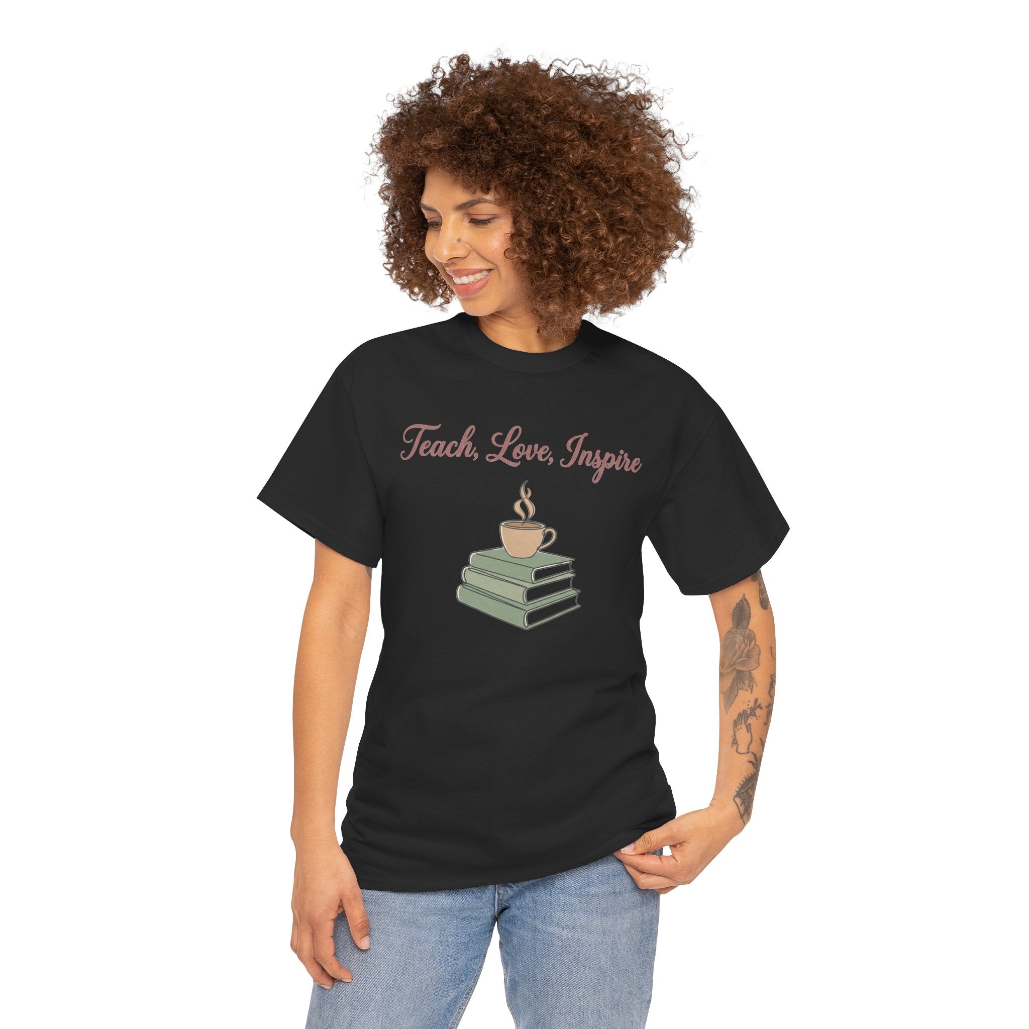 Teacher Tee — "Teach, Love, Inspire" Book & Coffee Graphic T-Shirt
