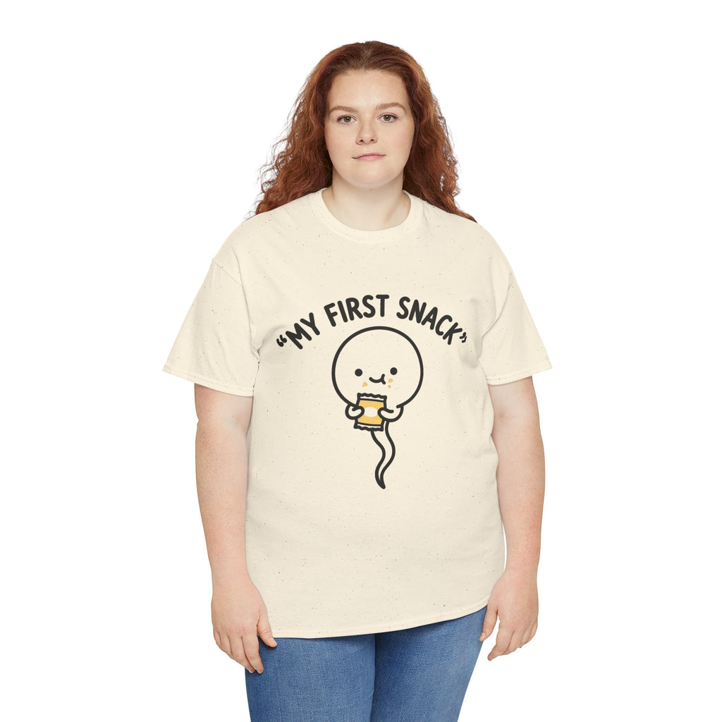 My First Snack Cute Sperm Graphic Tee — Funny Pregnancy Announcement Shirt