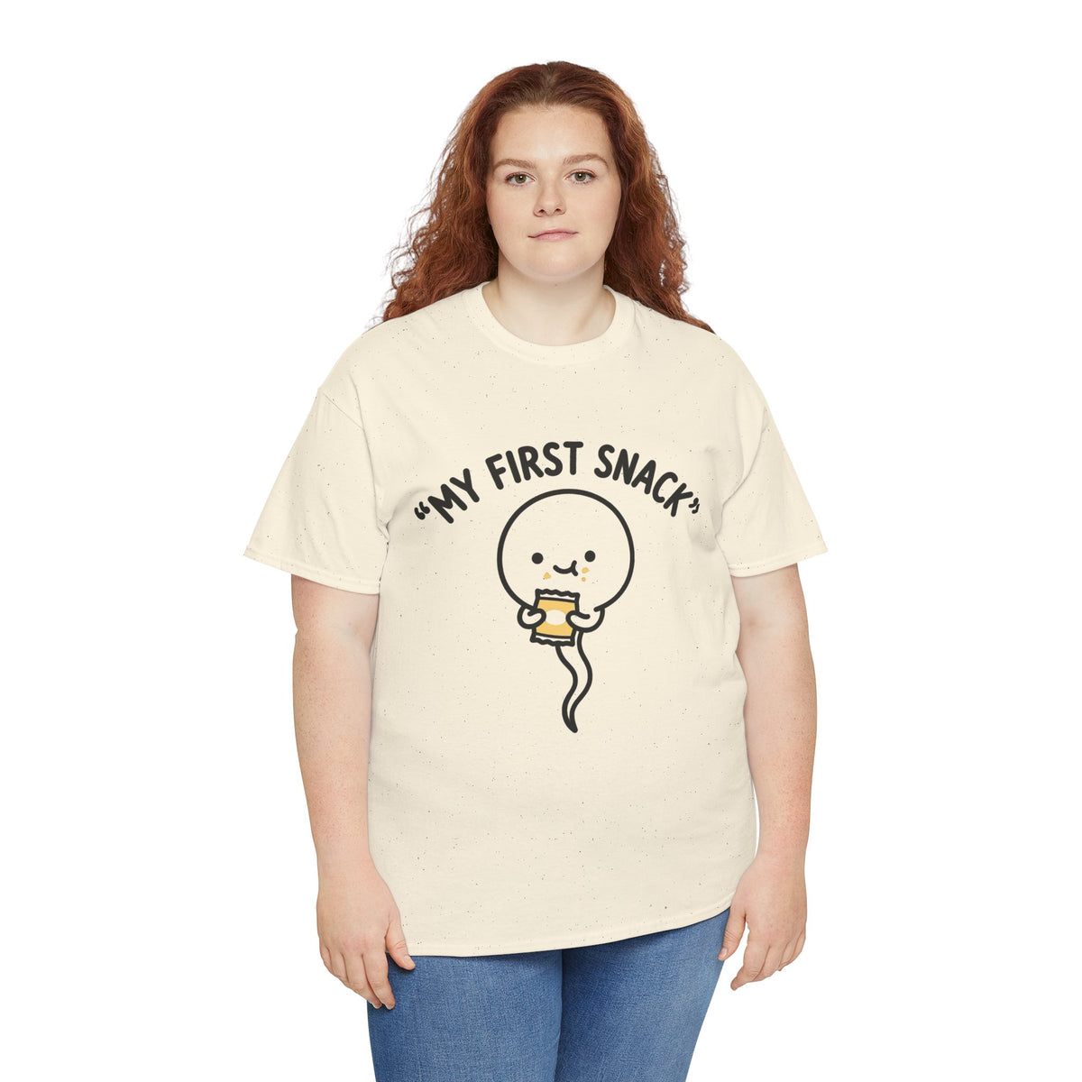 My First Snack Cute Sperm Graphic Tee — Funny Pregnancy Announcement Shirt