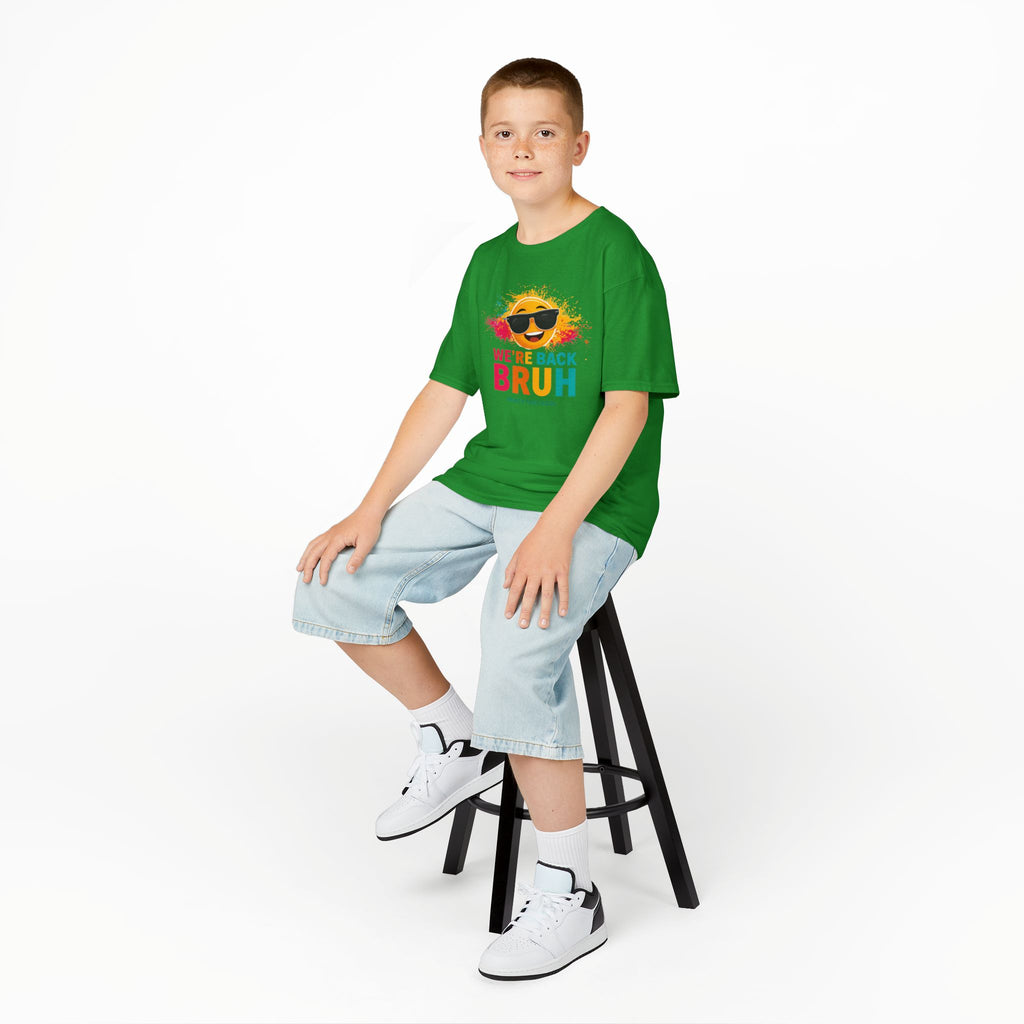 We're Back Bruh Kids Tee — Colorful Sunny Sunglasses Graphic Shirt for Kids