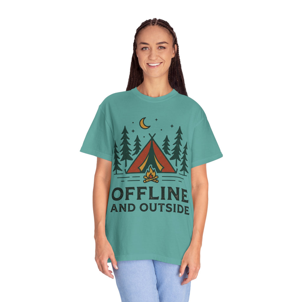 Camping T-Shirt — "Offline and Outside" Tent & Campfire Graphic