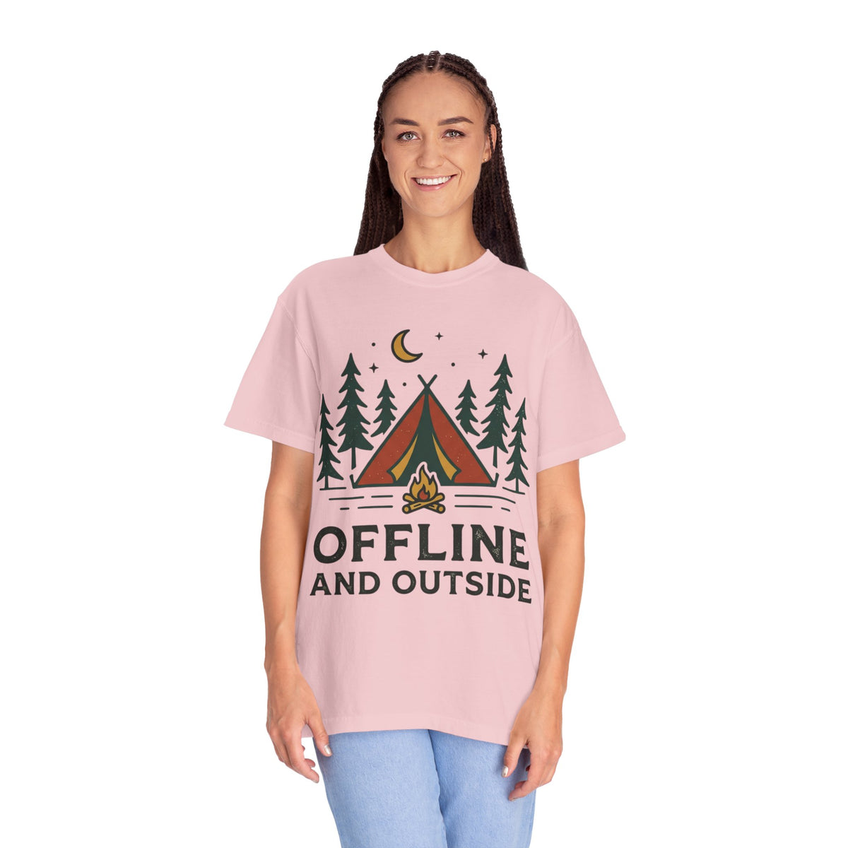Camping T-Shirt — "Offline and Outside" Tent & Campfire Graphic