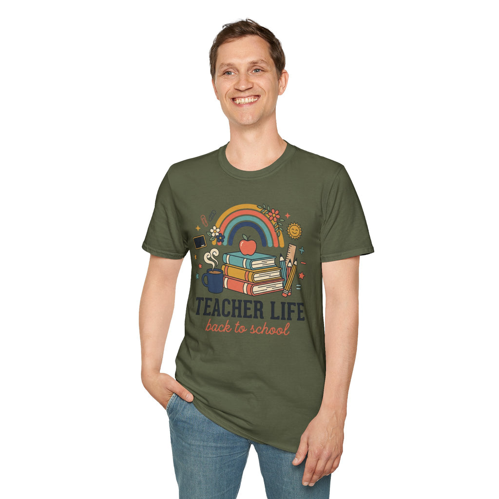 Teacher Life Back to School T-Shirt — Rainbow Books & Apple Graphic