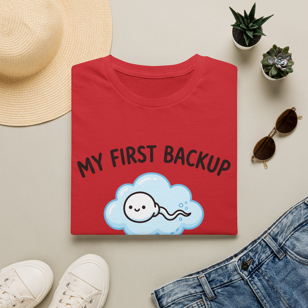T-Shirt — "My First Backup" Cute Sperm Cloud Graphic Tee | Fertility & IVF Announcement Gift