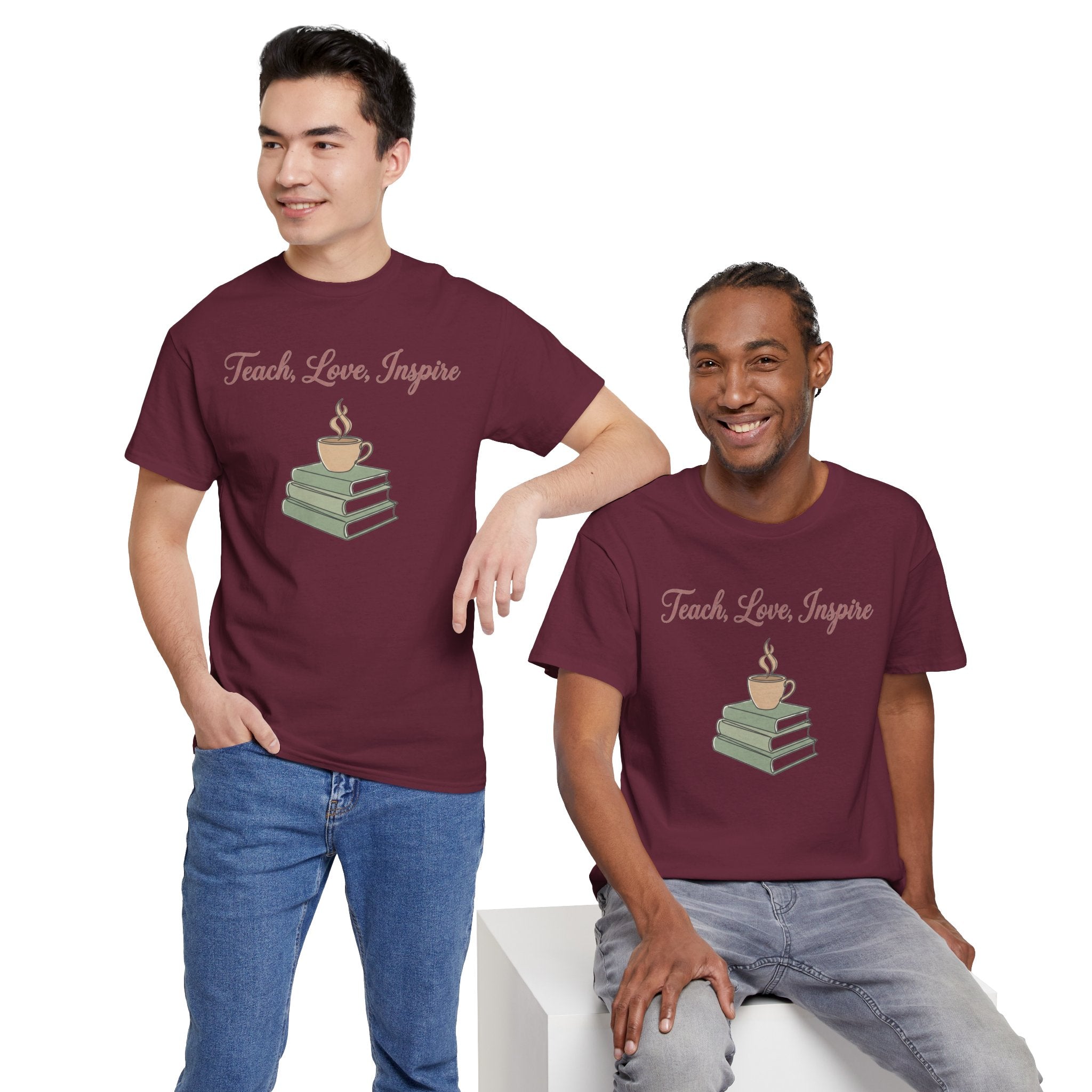 Teacher Tee — "Teach, Love, Inspire" Book & Coffee Graphic T-Shirt